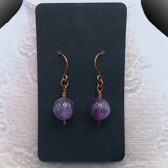 Amethyst Copper Wire Earrings Artisan 12mm Round Purple Gemstone Drop Dangle New - Picture 4 of 8